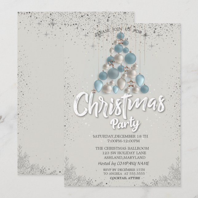 Convites Estrelas de Bolas Azuis Confetes Empresa de Natal (Frente/Verso)