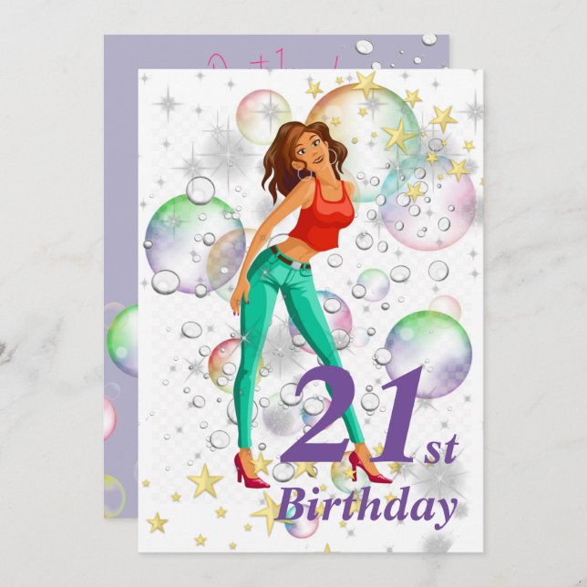 Convites Estrelas de Bolhas de Memória de Menina Bonita de  (Frente/Verso)