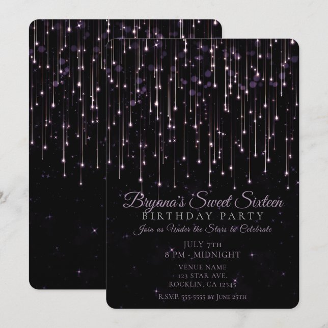 Convites Estrelas de disparo roxo doce 16 de festa (Frente/Verso)