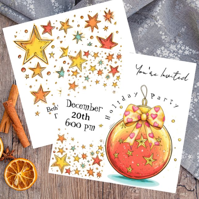Convites Estrelas de Férias e Festa de Ornamento de Férias (Spicey orange ornament on your Holiday Party invitation that is fully customizable )
