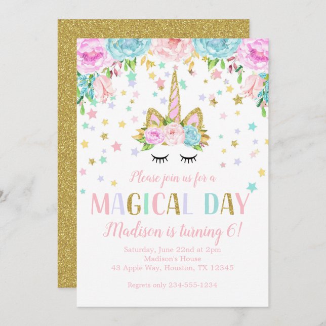 Convites Estrelas de Flores de Glitter Douradas de Festa de (Frente/Verso)