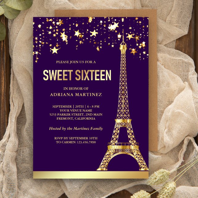 Convites Estrelas de folha de ouro Torre Eiffel Roxo Doce D (Criador carregado)