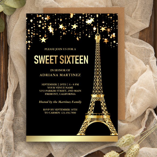 Convites Estrelas de Folha de Ouro Torre Eiffel Sweet Sixte (Criador carregado)