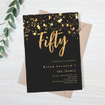 Convites Estrelas de ouro negras tipografia 50º aniversário<br><div class="desc">Um convite moderno e na moda para uma 50ª festa de aniversário para ele e para ela. Decorado com estrelas ouros. Fundo preto e a palavra Cinquenta escrita com letras douradas falsas grandes. Personalize e adicione um nome e detalhes da parte.</div>