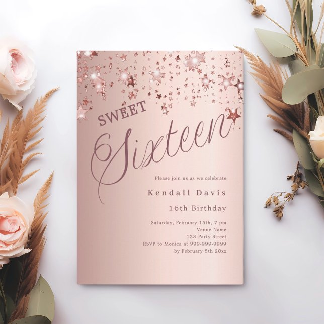 Convites Estrelas de ouro rosa script modernizam Sweet 16 (Criador carregado)