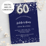 Convites Estrelas de prata azuis do marinho 60.o aniversári<br><div class="desc">Um convite moderno,  na moda e glamouroso para uma 60ª festa de aniversário. Um fundo azul marinho,  decorado com estrelas de falso prata. Personalize e adicione seu nome e detalhes da festa. O número 60 é escrito com uma fonte no estilo do balão.</div>