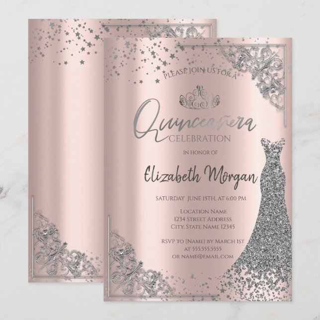Convites Estrelas de Prata Tiara Rosa Quinceañera (Frente/Verso)