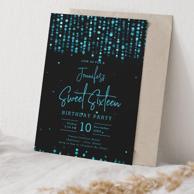 Convites Estrelas de queda de turquesa Doce 16 Festa de ani (Turquoise Falling Stars Sweet 16 Birthday Party Invitation)