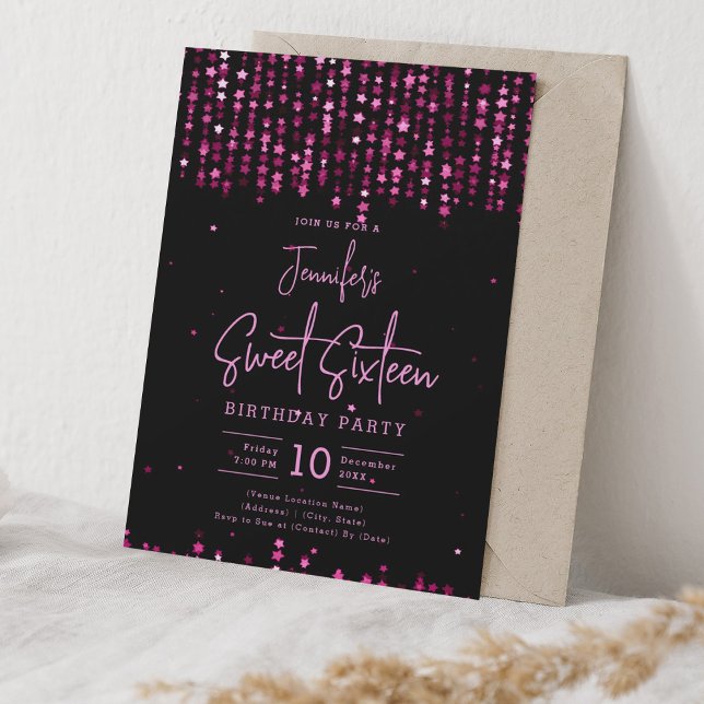 Convites Estrelas de queda rosa quente doce 16 Festa de ani (Hot Pink Falling Stars Sweet 16 Birthday Party Invitation)