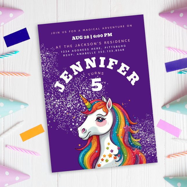 Convites Estrelas do arco-íris Roxo do Unicórnio Roxo (Criador carregado)