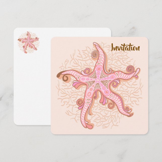 Convites Estrelas-do-mar e Coral Padrão Pastel Rosa (Frente/Verso)