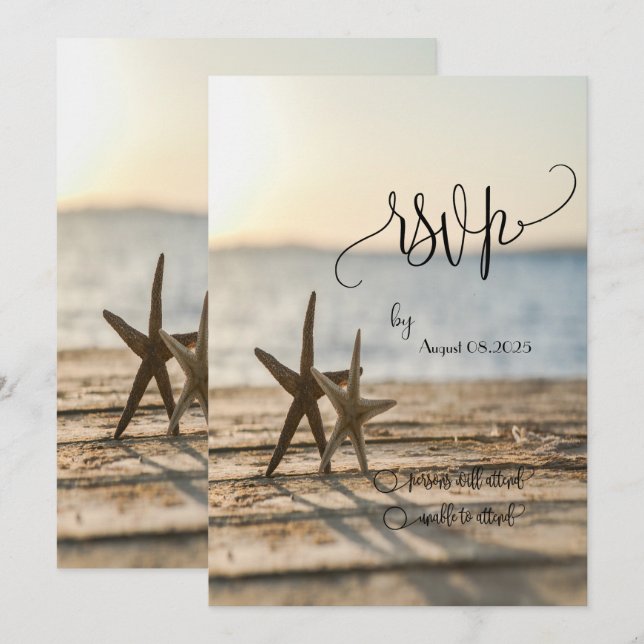 Convites Estrelas do mar Praia de Areia Script RSVP   (Frente/Verso)