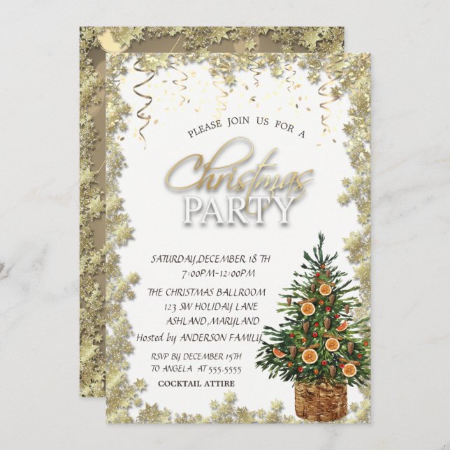 Convites Estrelas Douradas, Árvore de Natal Festa de Natal  (Frente/Verso)