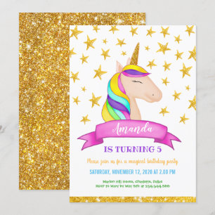 Convites Estrelas Douradas do Unicorn Faux   Aniversário