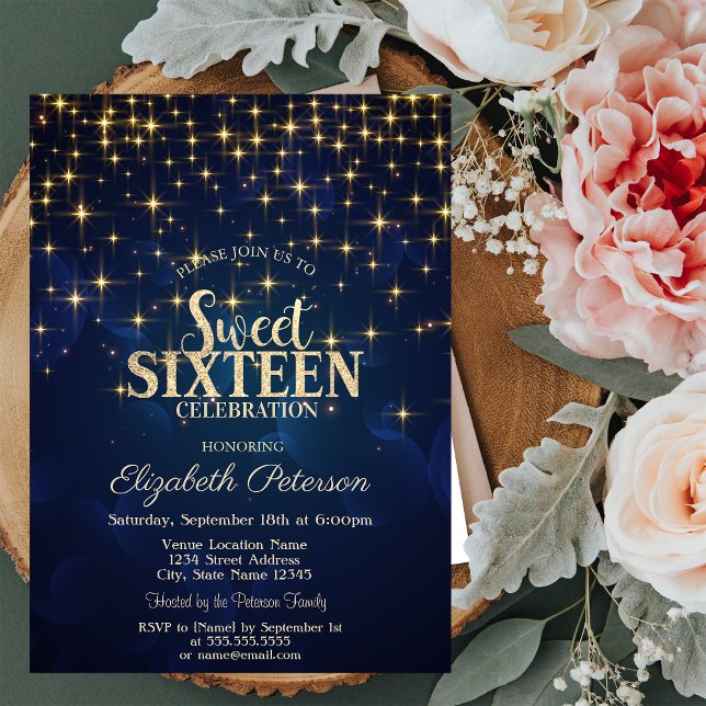 Convites Estrelas Douradas Elegantes  Azul Marinho Sweet 16 (Criador carregado)
