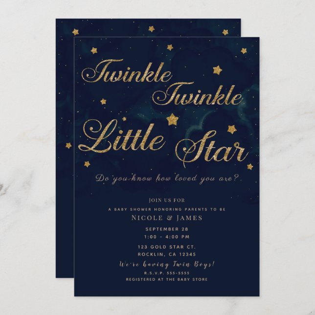 Convites Estrelas Douradas Gêmeas Chás de fraldas do céu az (Frente/Verso)