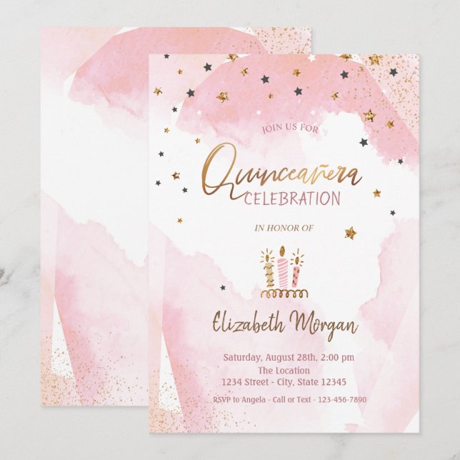 Convites Estrelas Douradas, Velas Ombre Quinceanera (Frente/Verso)
