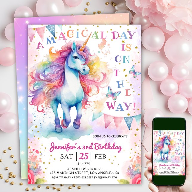 Convites Estrelas e Arco-Íris Florais de aniversário de 3 a (#UnicornBirthdayInvitation #UnicornBirthdayInvitationTemplate #UnicornBirthdayInvitationEditable)