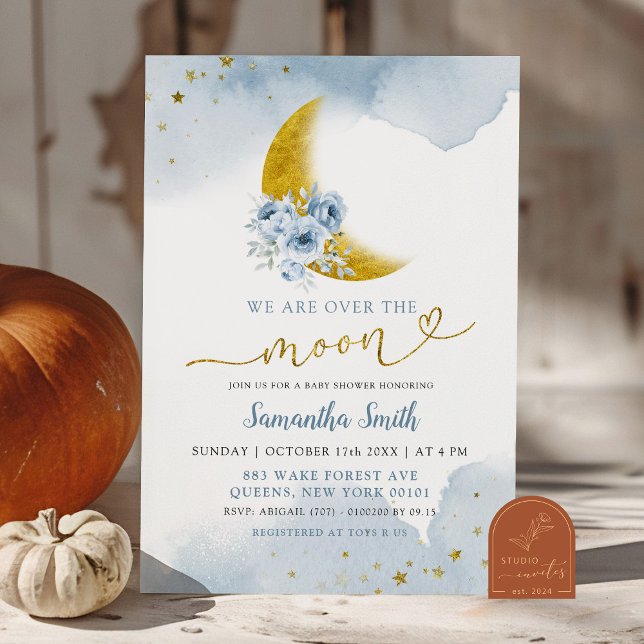 Convites Estrelas e Chá de fraldas Azul Lua Dusty (Criador carregado)