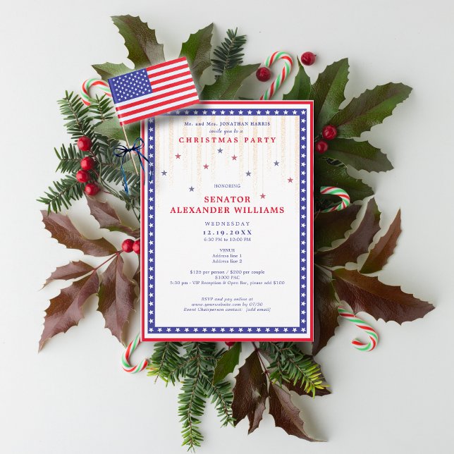 Convites Estrelas e Faixas Campanha do Feriado da Bandeira  (Stars & Stripes American Flag Christmas Political Candidate Party Fundraiser Invitation)
