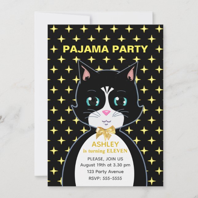Convites Estrelas e Festa de Aniversário de Gato Fofo de Pi (Frente)