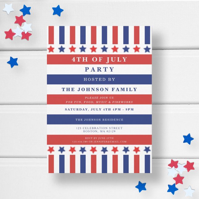 Convites Estrelas e Listras Vermelho Branco Azul Festa de 4 (Patriotic Red White Blue Balloon 4th Of July Party Invitation)