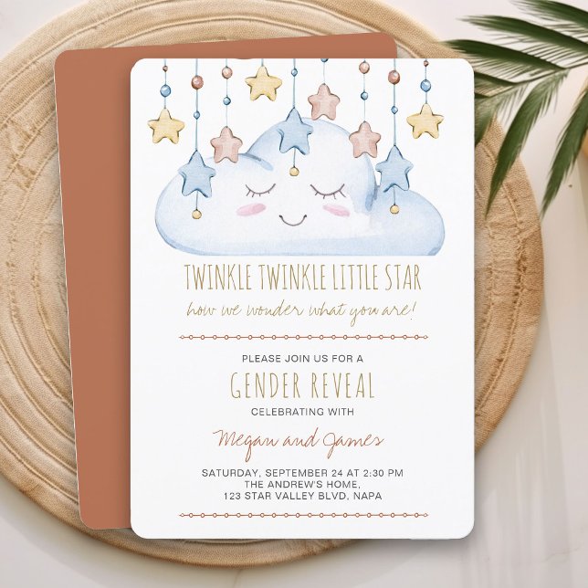 Convites Estrelas e Nuvem Brilhantes Revelação de Gênero (Gender Reveal Invitation from my Twinkle Twinkle baby shower collection)