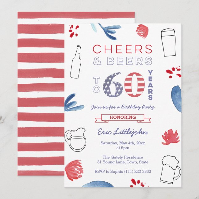 Convites Estrelas e Stripes Machos 60ª Festa de aniversário (Frente/Verso)