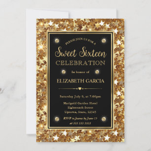 Convites Estrelas Elegantes com Brilho Dourado Sweet Sixtee