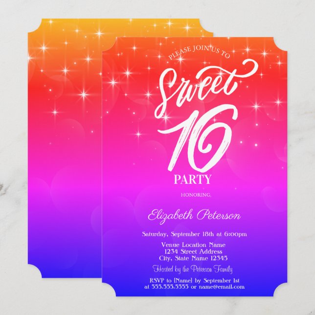 Convites Estrelas Elegantes Ombre Sweet 16 (Frente/Verso)
