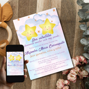 Convites Estrelas Espanholas Gêmeos Rosa Azul Chás de Bebê
