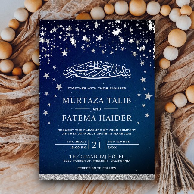 Convites Estrelas Glitter Prateado Falso Casamento Muçulman (Criador carregado)