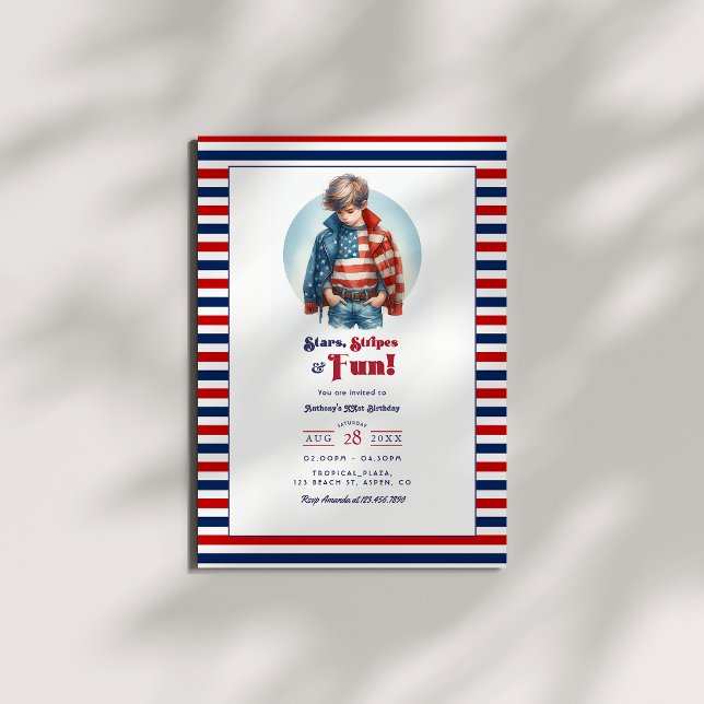 Convites Estrelas, Listras e Diversão | Aniversário de Meni (Stars, Stripes & Fun | All American Boy Birthday Invitation)