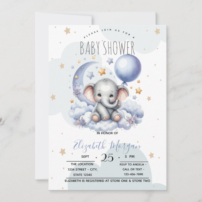 Convites Estrelas Lua Nuvens Urso de Pelúcia Chá de Bebê (Frente)