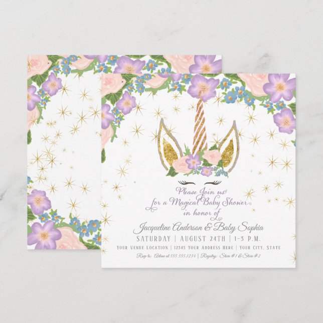 Convites Estrelas Mágicas Garota Chá Unicorn Horn Floral (Frente/Verso)