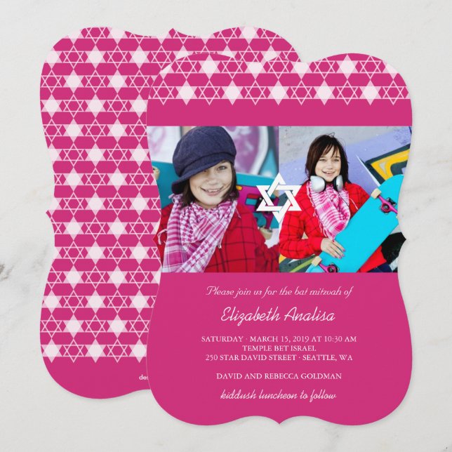 Convites Estrelas Modernas da Fúcsia convidam David Bat Mit (Frente/Verso)