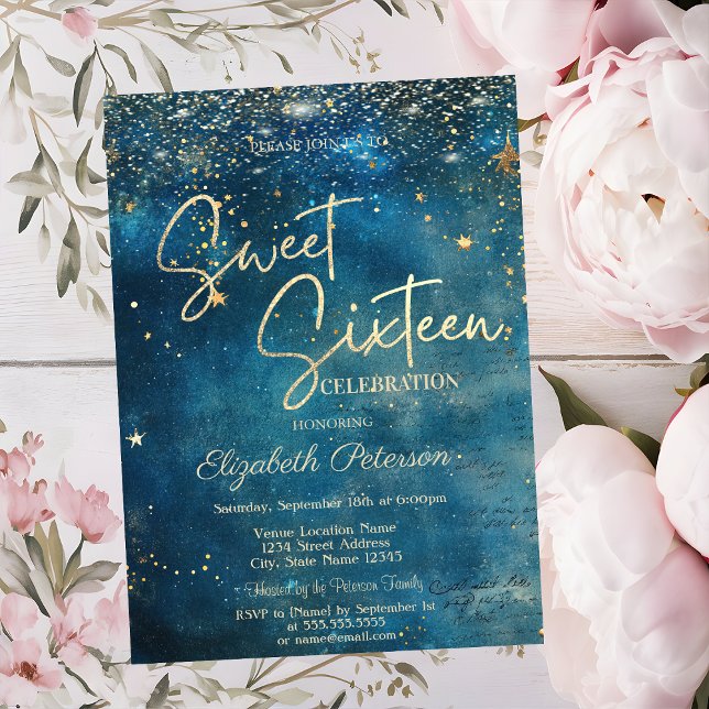 Convites Estrelas Modernas Elegantes Azul Doce 16 (Criador carregado)