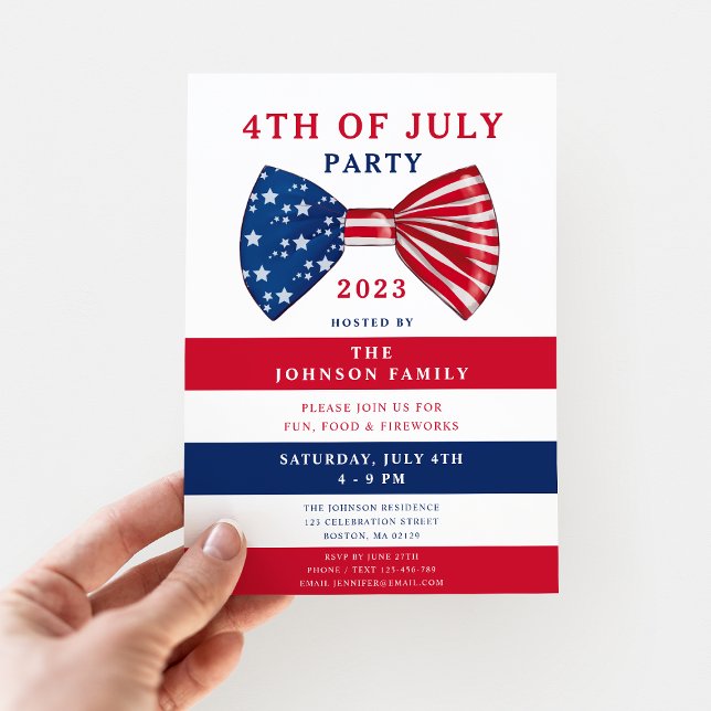 Convites Estrelas Patrióticas E Greve 4 De Julho (Custom Patriotic Elegant Red White Blue 4th Of July Party Invitation)