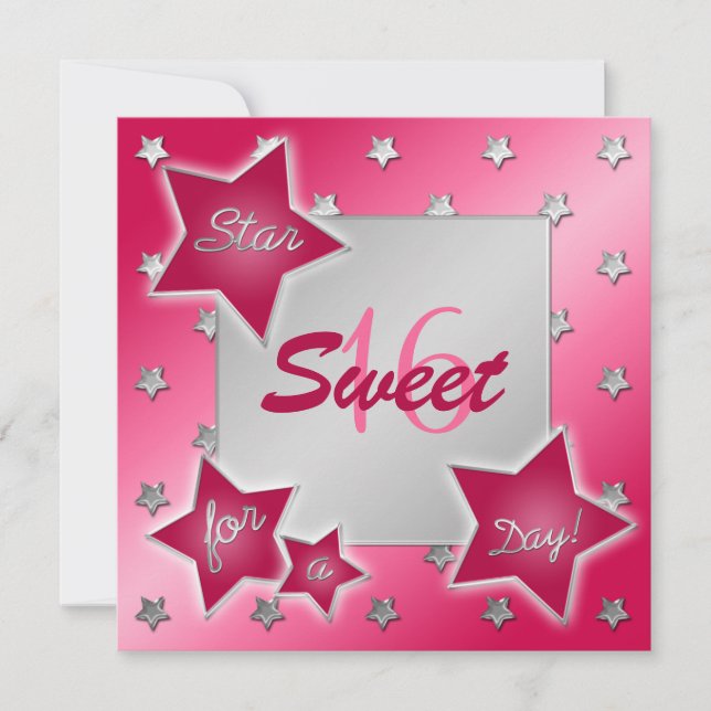 Convites Estrelas rosa, vermelha e prateada é doce 16 convi (Frente)