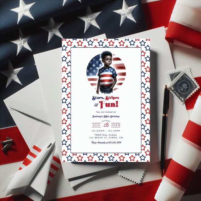 Convites Estrelas, Stripes e Festa de aniversário Patriótic (Stars, Stripes & Fun Patriotic Boy Birthday Party Invitation)