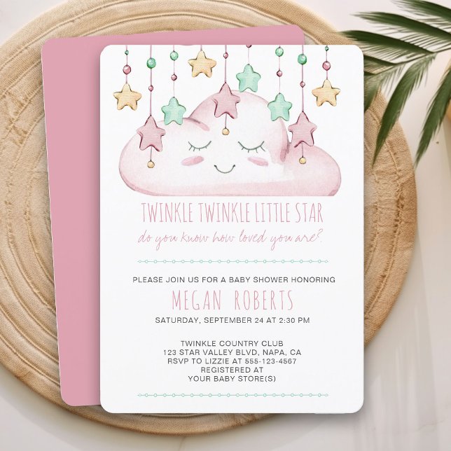 Convites Estrelas Twinkle e Chá de fraldas Cloud Girl (Pink Baby Shower Invitation from my Twinkle Twinkle baby shower collection)