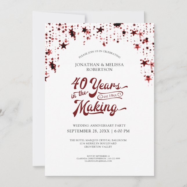 Convites Estrelas Vermelhas de Rubi do 40º Aniversário 40 A (Frente)