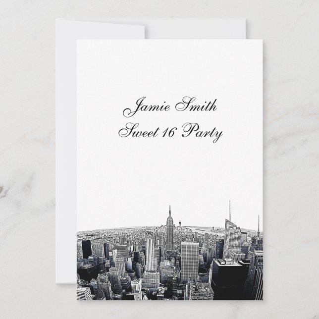 Convites Etched NYC Fisheye Skyline 2 BW Sweet 16 V (Frente)