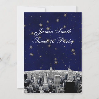 Convites Etched NYC Skyline 2 Azul Dourado Estrela Doce 16