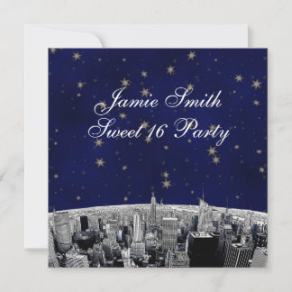 Convites Etched NYC Skyline 2 Azul Dourado Estrela Festa Do