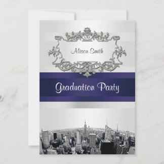 Convites Etched NYC Skyline 2 BG Branco Fita Azul Gradução