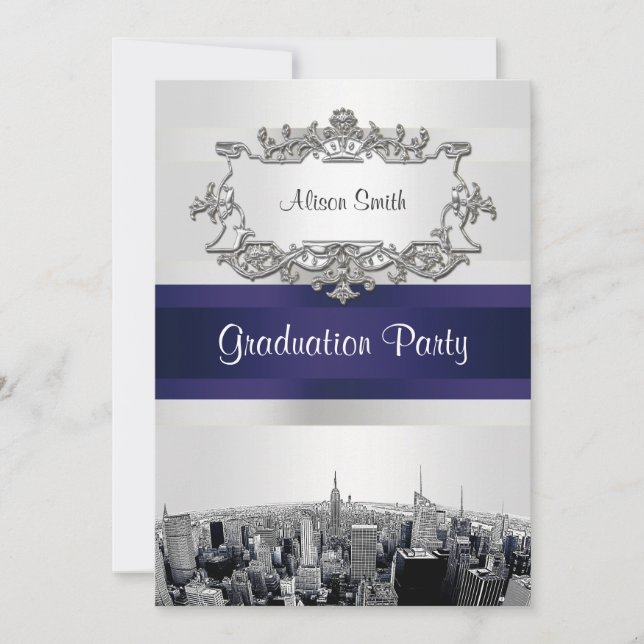 Convites Etched NYC Skyline 2 BG Branco Fita Azul Gradução (Frente)