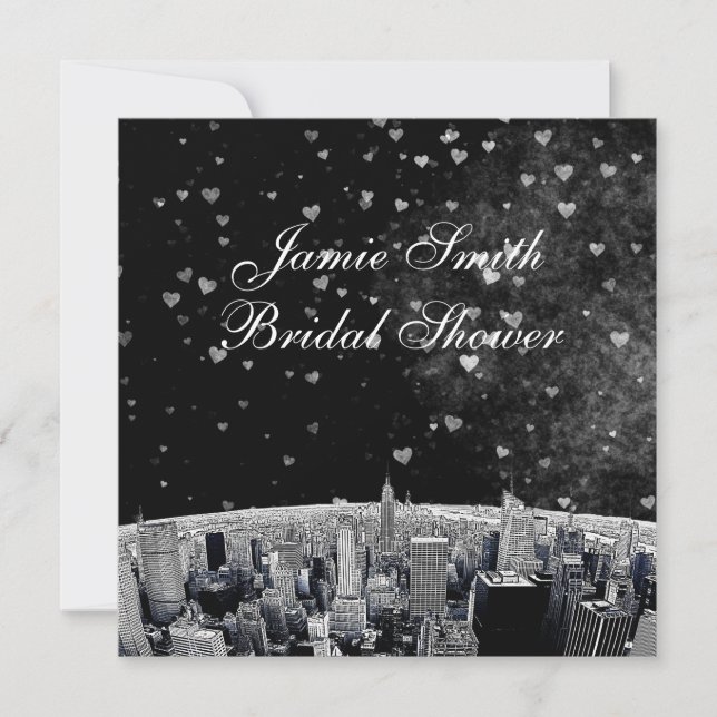 Convites Etched NYC Skyline #2 Blk Wht Heart Chá de Noiva (Frente)