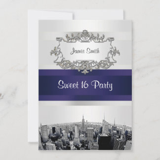 Convites Etched NYC Skyline 2 Branco, Fita Azul Sweet 16