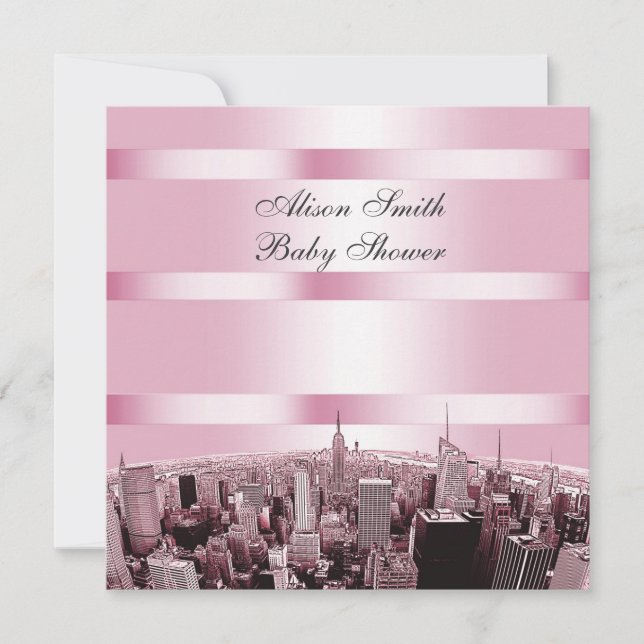 Convites Etched NYC Skyline 2 Chuveiro de Bebê Rosa Preto (Frente)